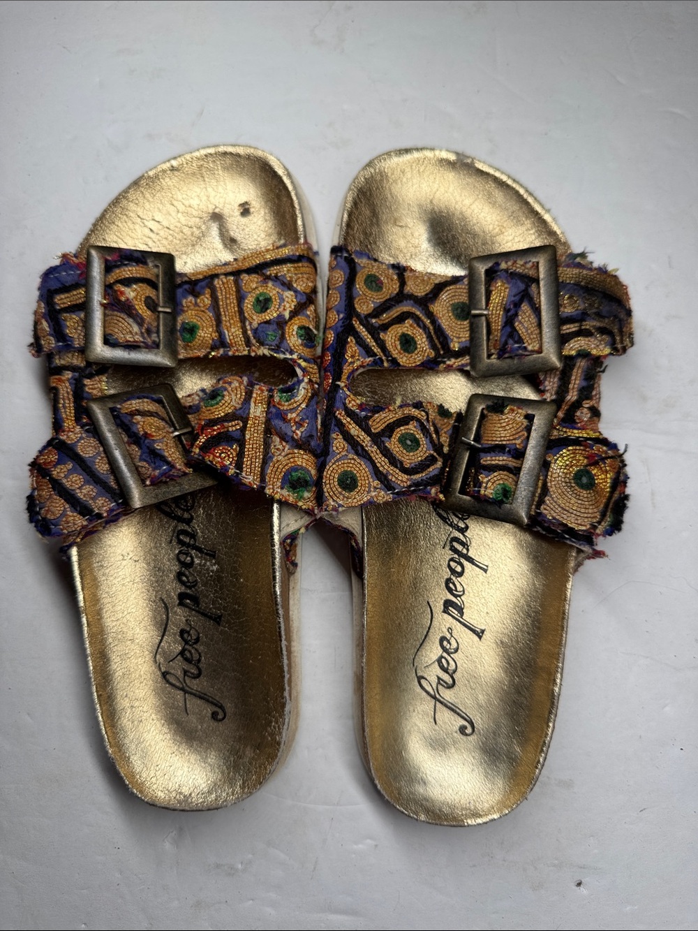 Free People Bali footbed Metallic Slides with Multicolor Embroidered Buckle gold